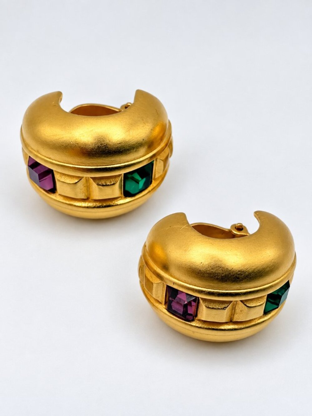 Vintage Givenchy "Grepu" Gold Tone Clip Earrings Purple Green Crystals Statement